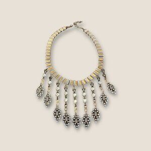 Vintage Gold-Tone Statement Necklace  Dangle Rhinestone Faux Pearls  Adjustable